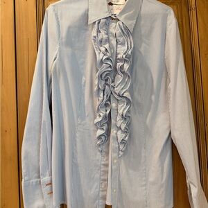Stem Blue and White Striped Ruffle Blouse